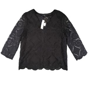 NWT DREW Lace Pointelle Kint V-Neck Top Size L